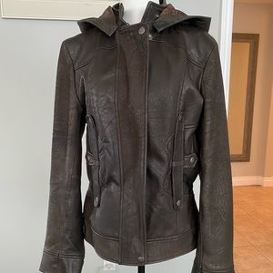 Lined leather jacket with hood